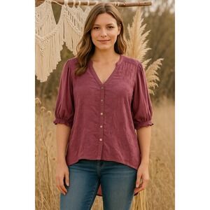 Democracy Womens Top Size M Pink Embroidered Button Down‎ Boho Cottage Romantic